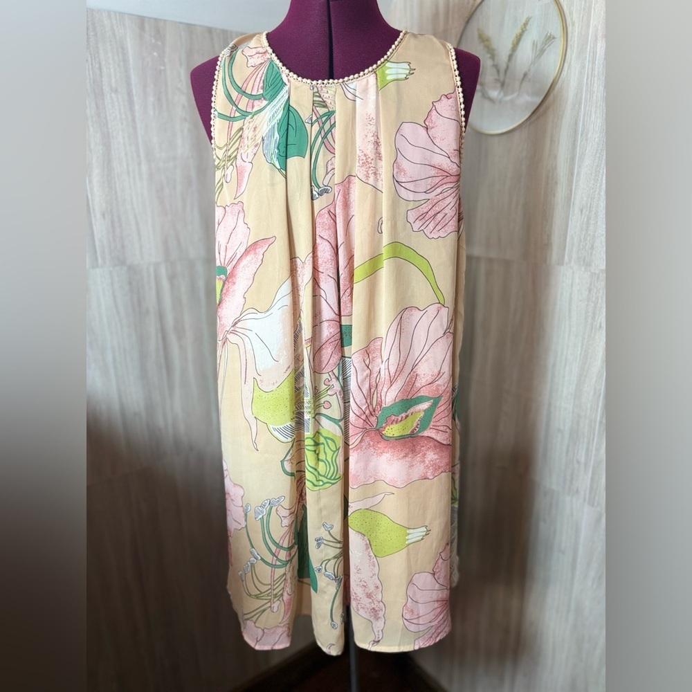 Umgee Floral Flowy Dress with Large Floral Print Pink Green and Cream